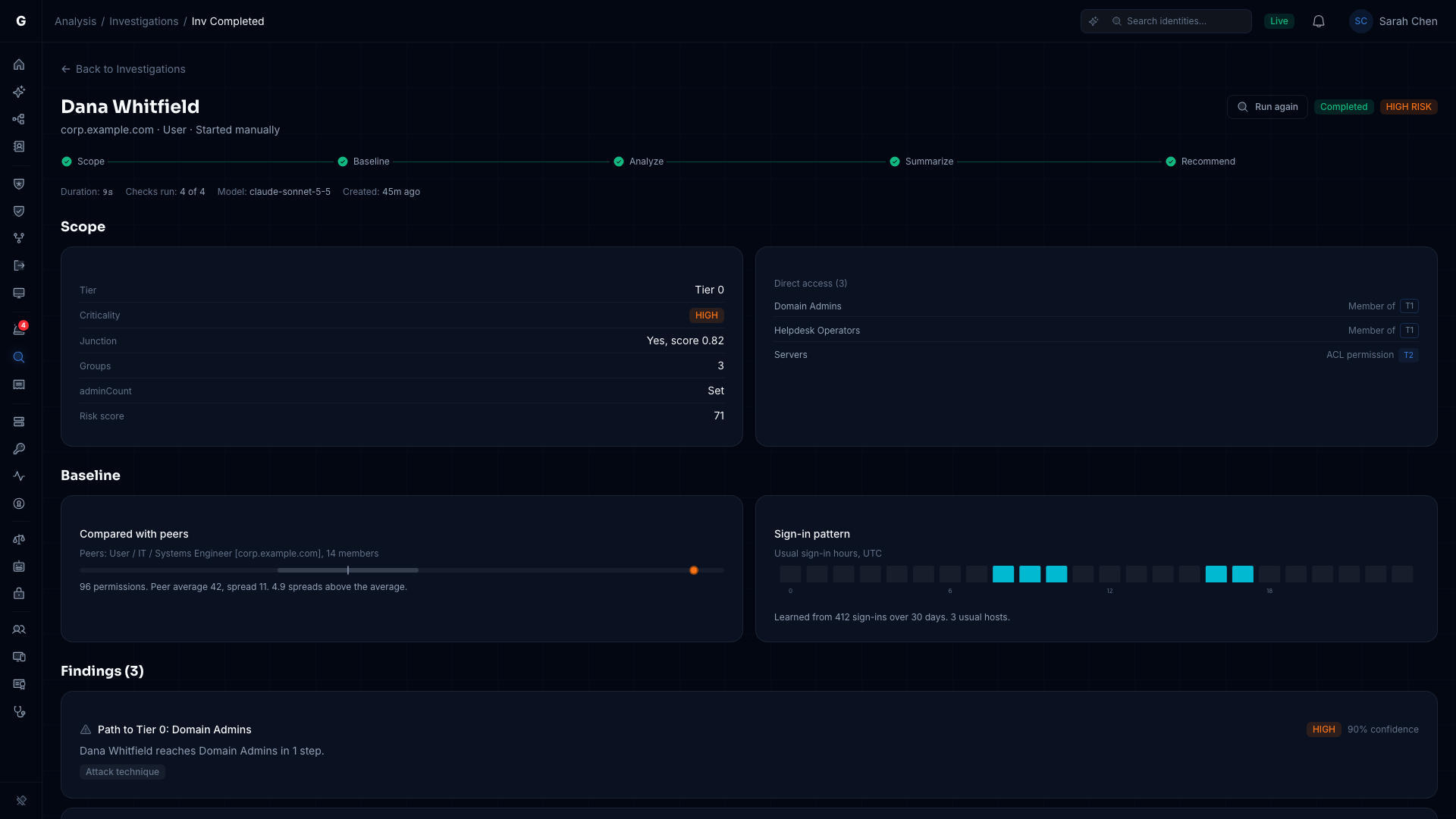 A completed investigation with findings, the summary and the Run again button