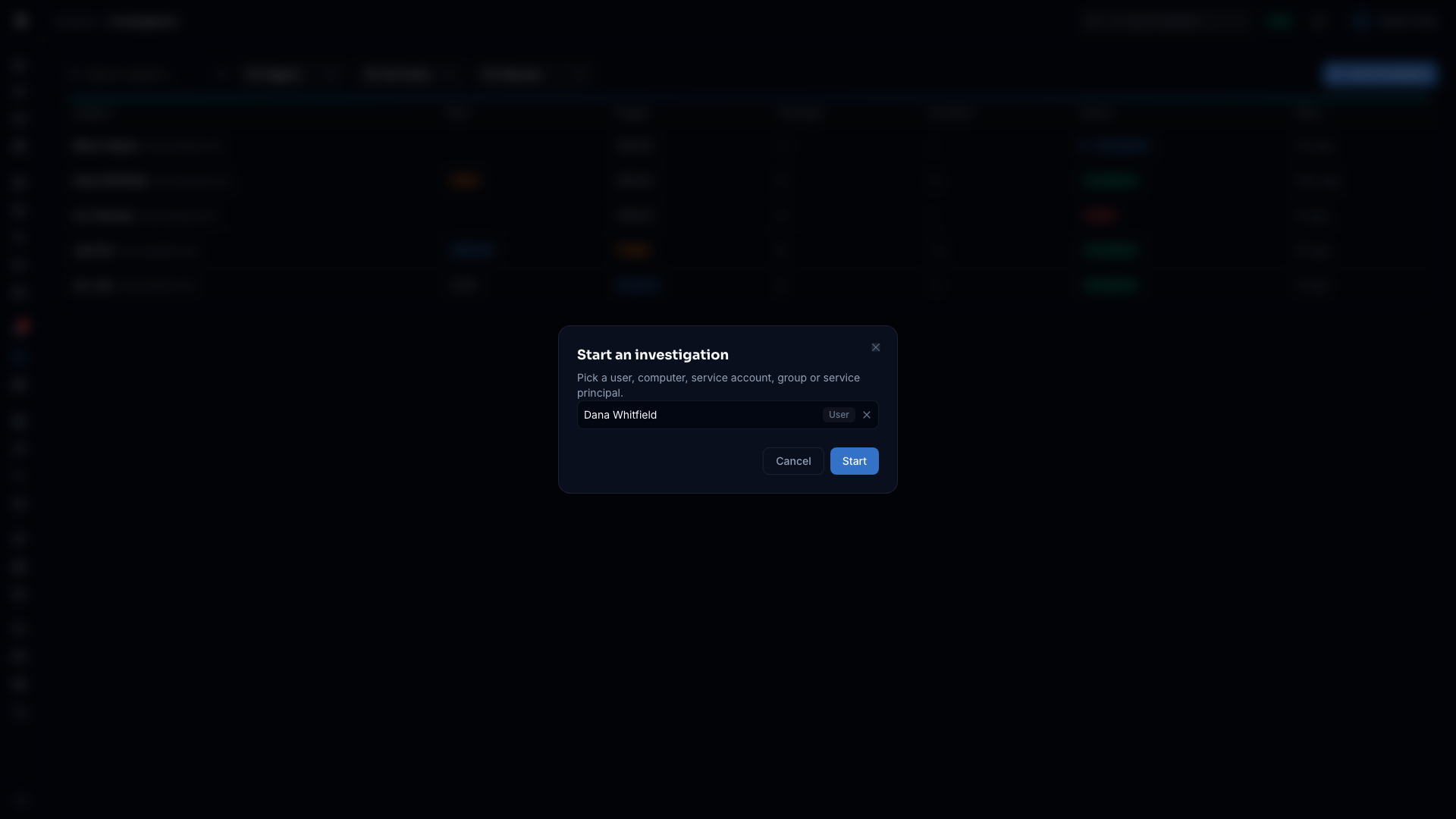The Start an investigation dialog with an identity chosen