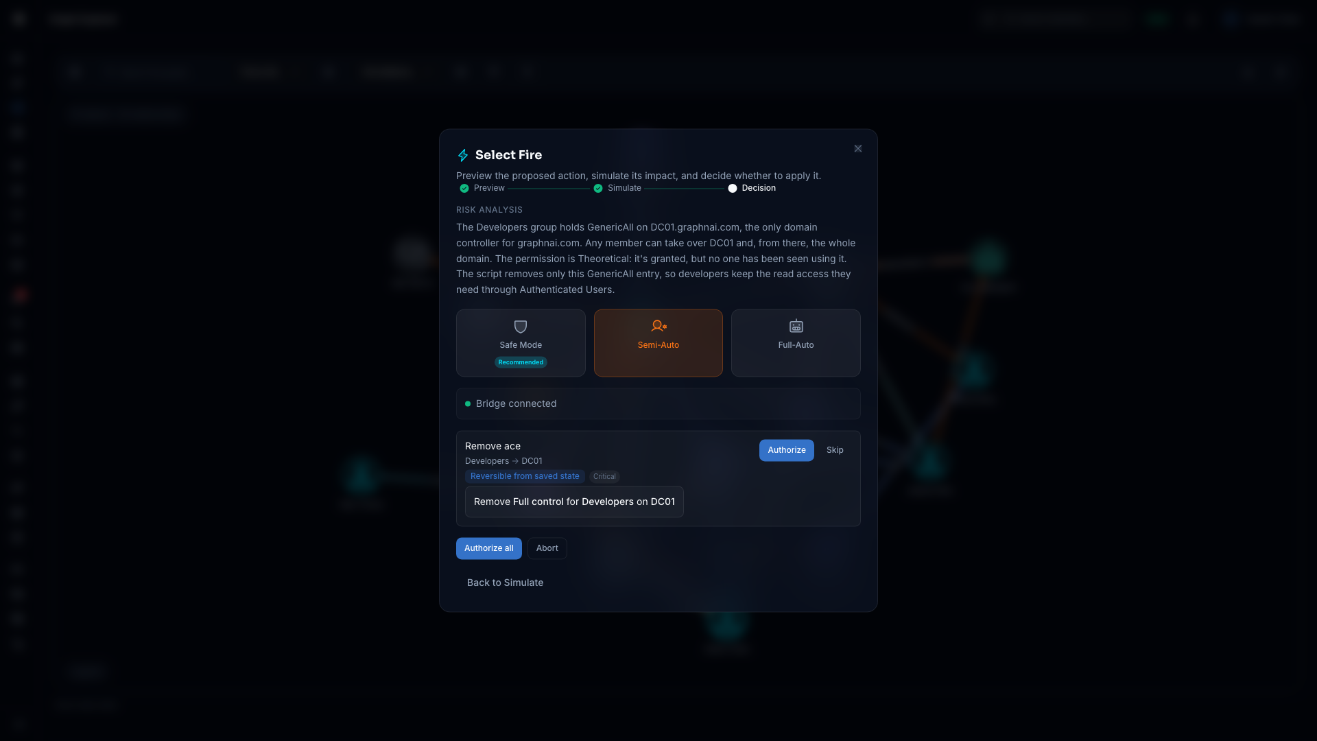 The Decision step with the Semi-Auto card selected, the bridge check, and an action row for Bad Guy to Discovery Management with Authorize and Skip buttons