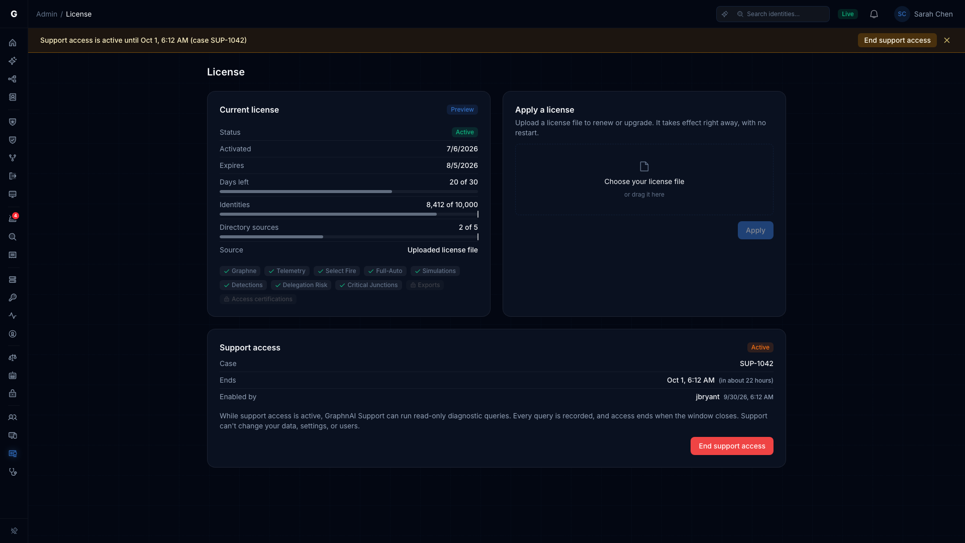 Support access active, showing the case and expiry