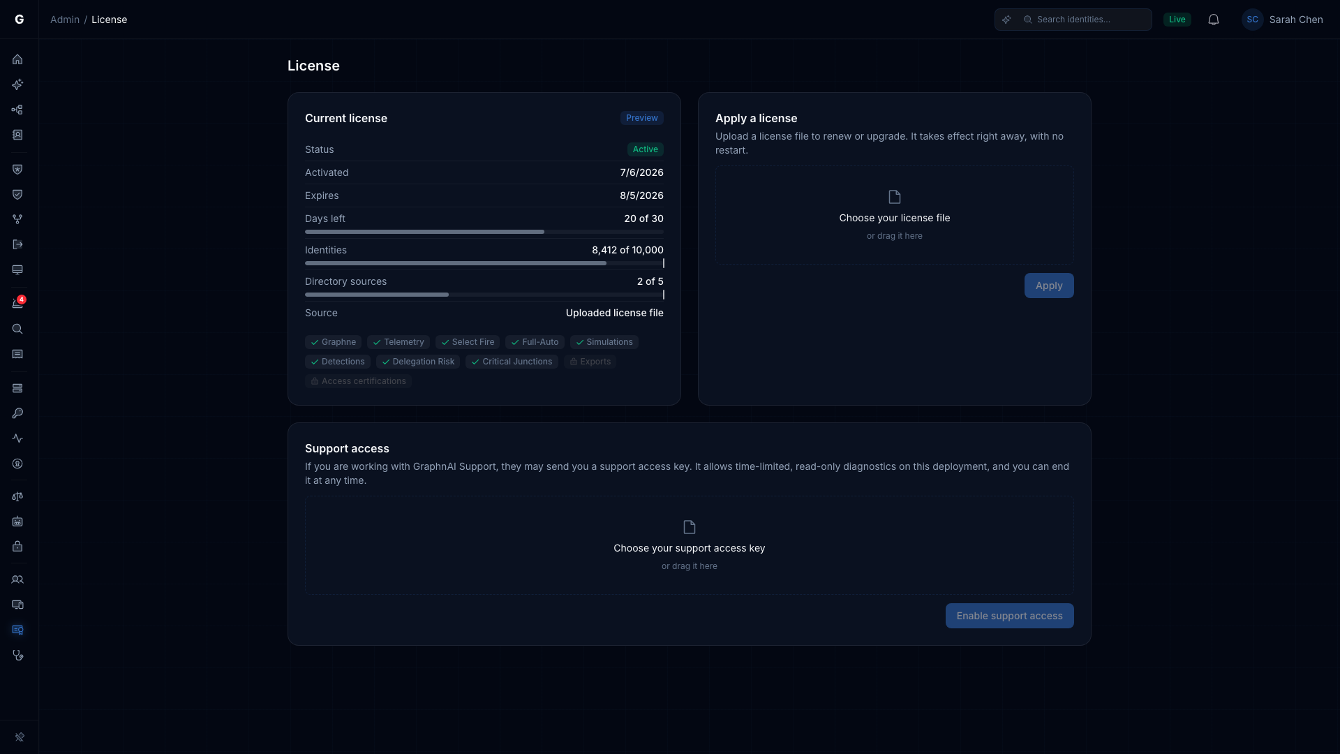 The Support access card with no key applied